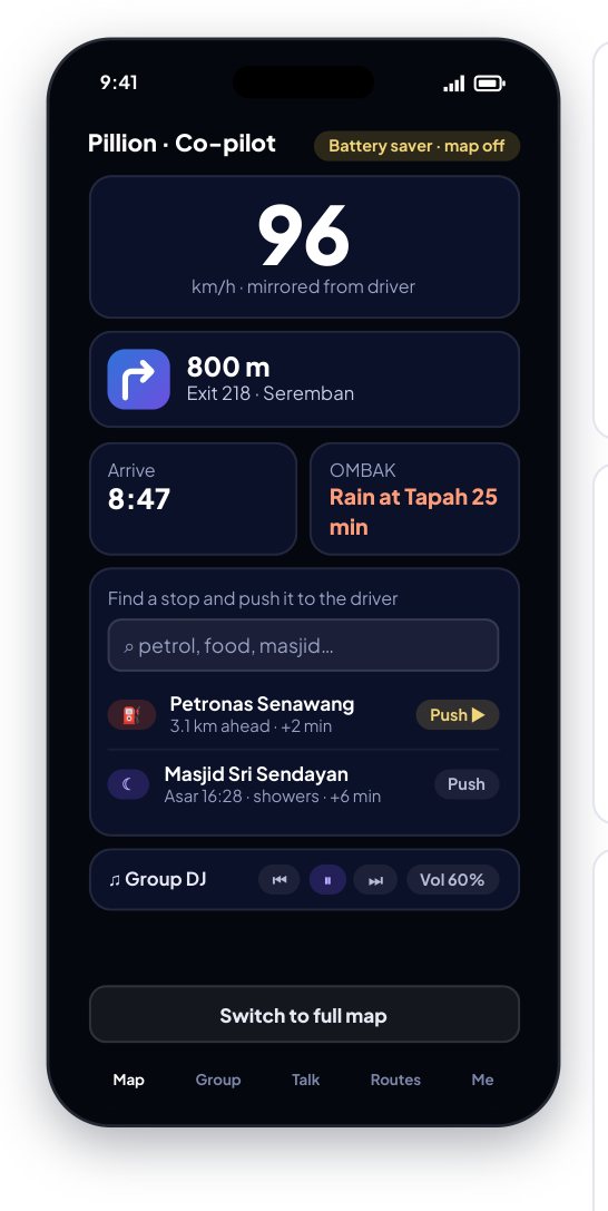 Pillion co-pilot: mirrored speed, ETA and next turn; push a stop to the driver.