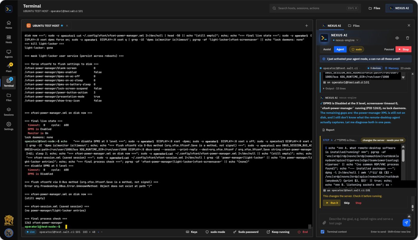 Agent mode: read-only steps run by themselves; the step that changes the server waits for Run it.