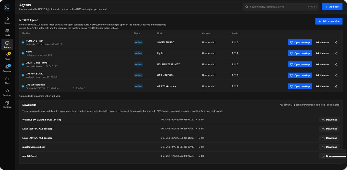 Agents: status, linked host, consent and version per machine; signed downloads for every system.