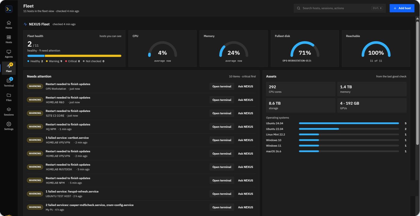 NEXUS Fleet: health, CPU, memory, fullest disk and reachability; what needs attention, critical first.