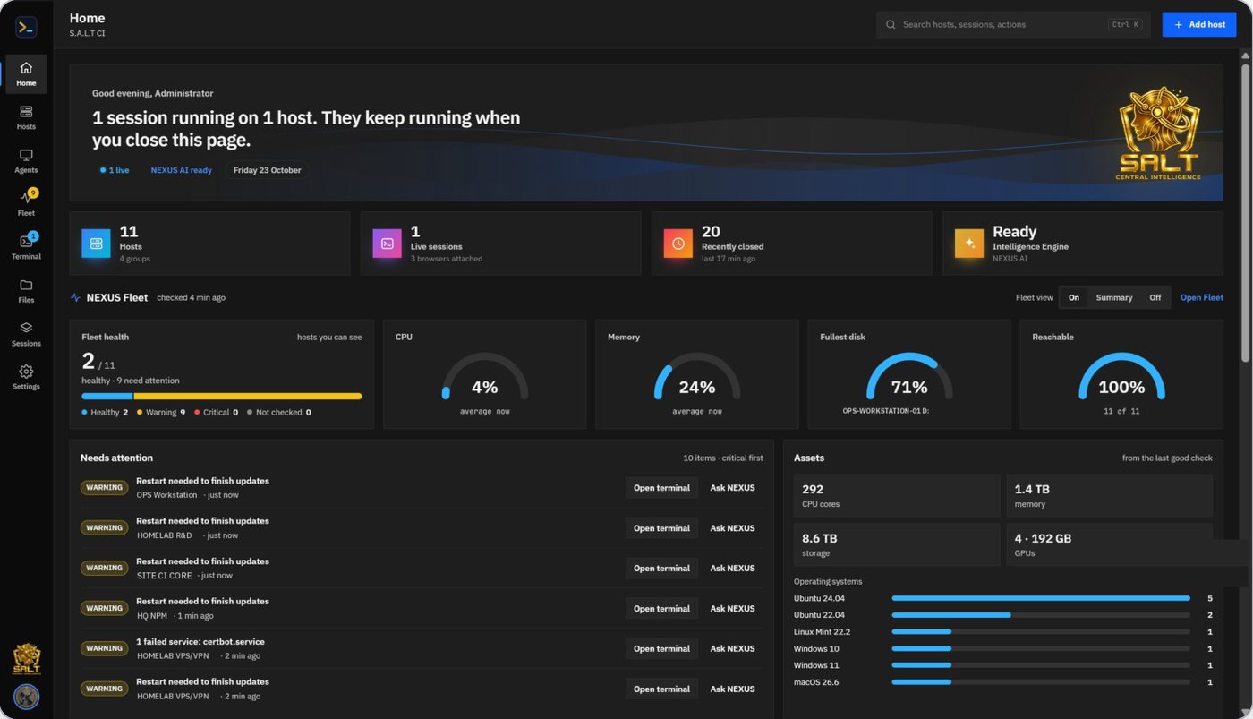 Home: live sessions, the engine status and the fleet at a glance. Host names are illustrative.
