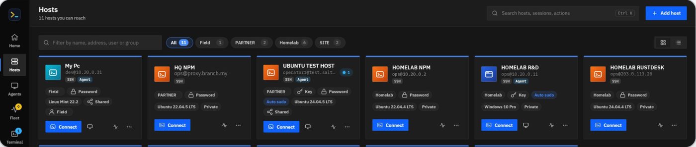 Hosts: groups, sign-in method, auto-sudo, sharing and OS on every card.