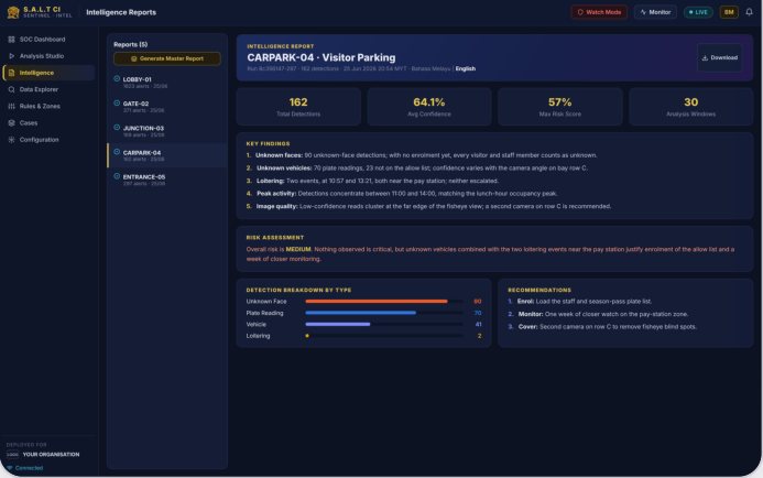 An intelligence report for one camera: findings, risk and breakdown.