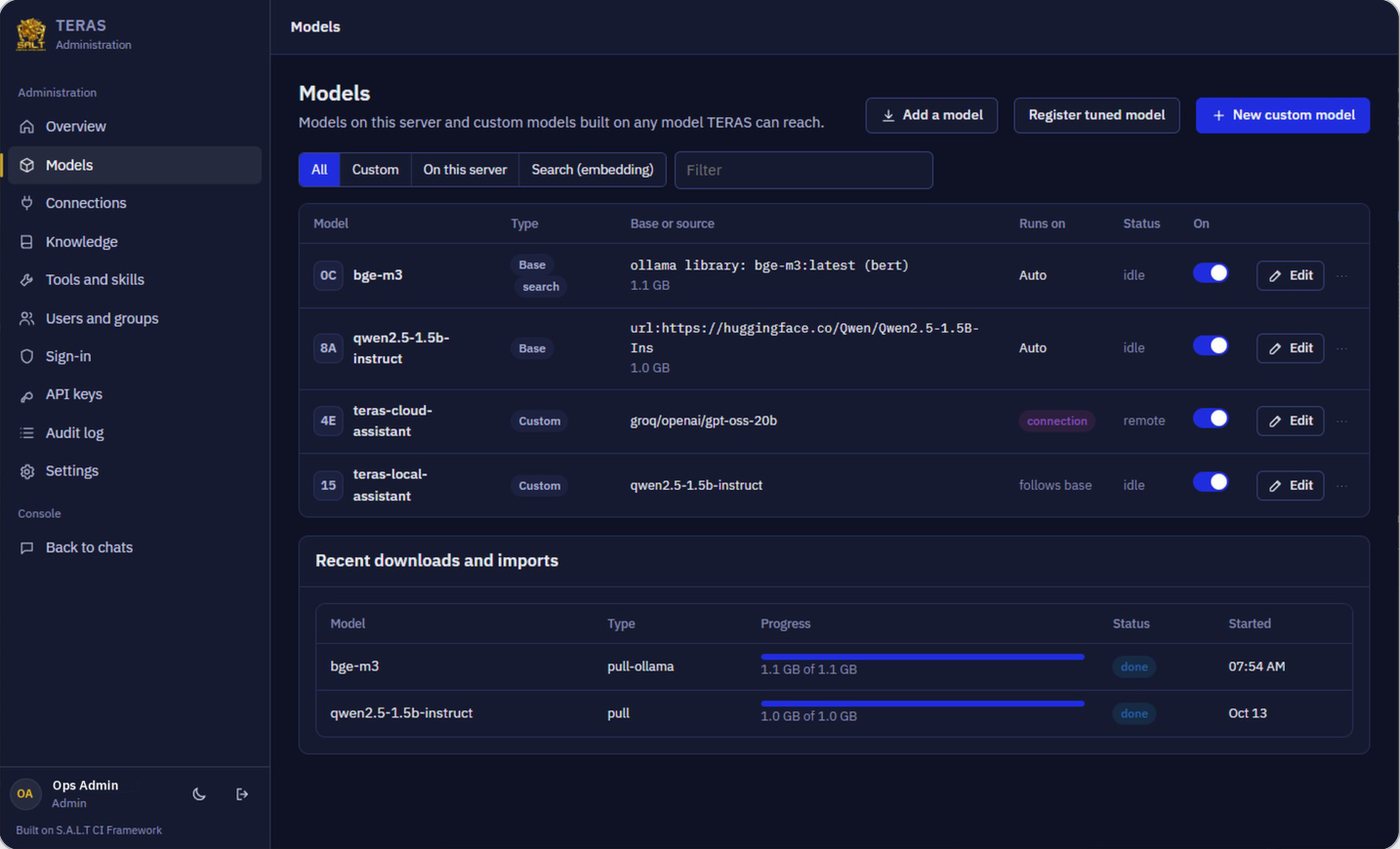 Models: base, custom and search models, where each runs and its status.