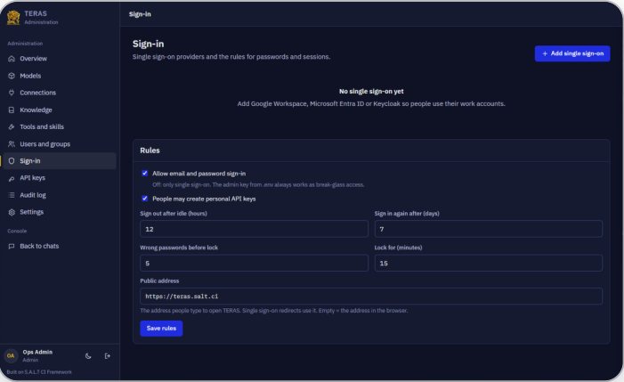 Sign-in: SSO providers, password rules, lockout and session lifetimes.